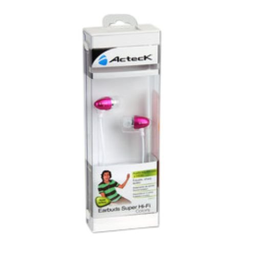Audifonos de pastilla Acteck EB650 en colores negro, rosa, azul y rojo, conector de entrada de 3.5mm, longitud del cable de 1.2m, peso de 14 gramos.